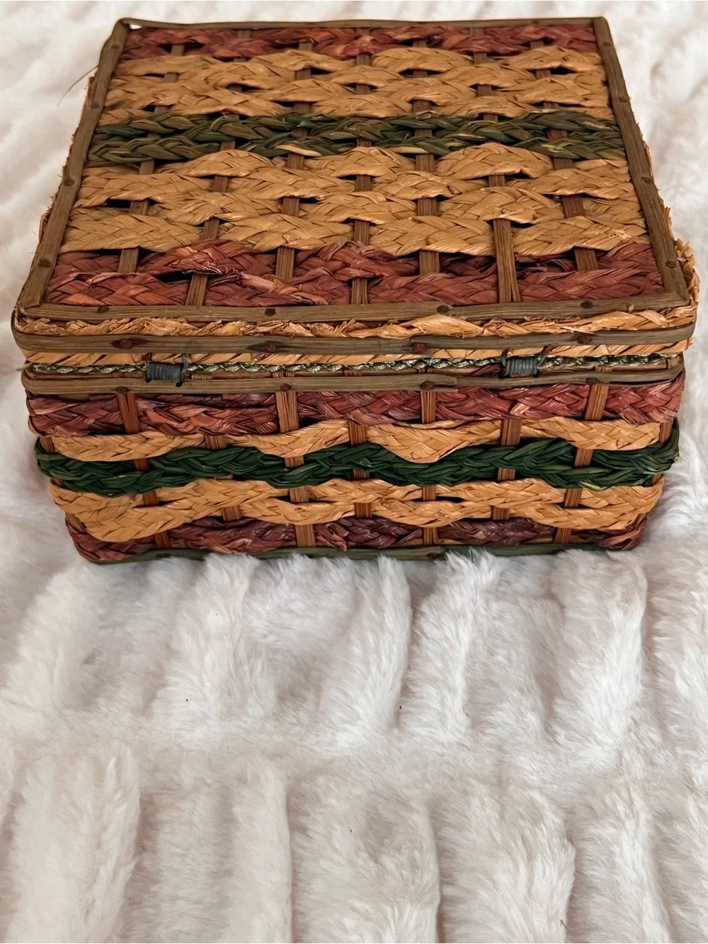 Vintage 1960s Braided Basketweave Sewing Chest Green Trim Satin Interior